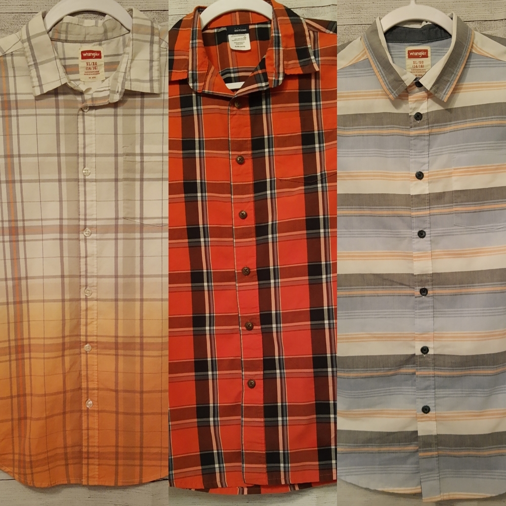 Boys Bundle Of 3 Button Up Collar SS Shirts XL 14-16 Wrangler + Basic Editions